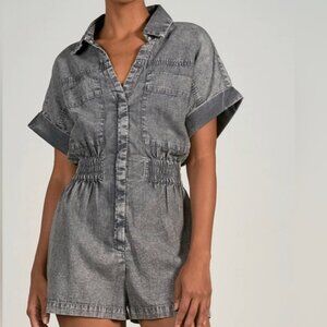 Elan Womens Gray Wash Teddie Short Sleeve Button Up Short Romper Medium